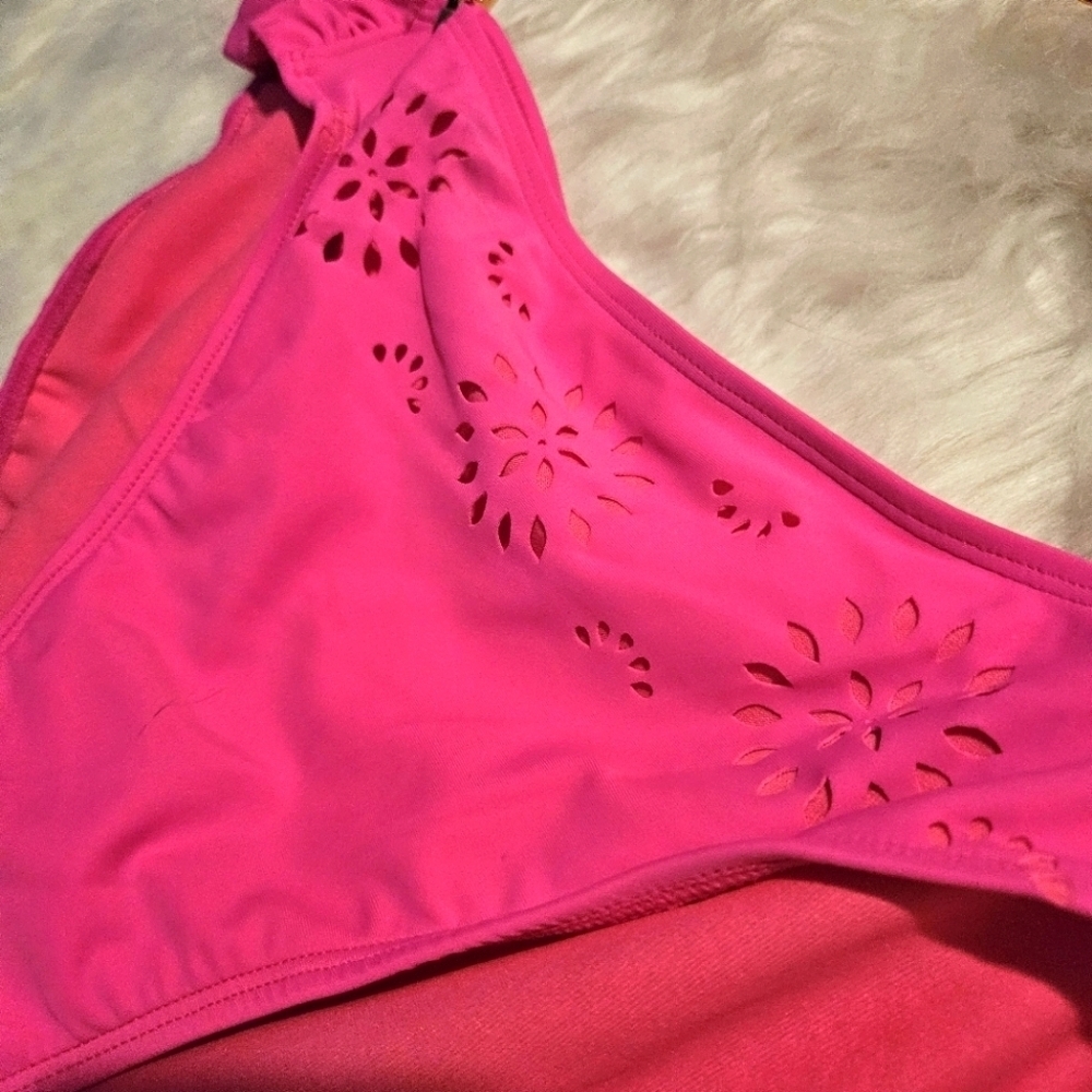 OP Raspberry Ruched Laser Cut Out Bikini Bottoms - Picture 3 of 7